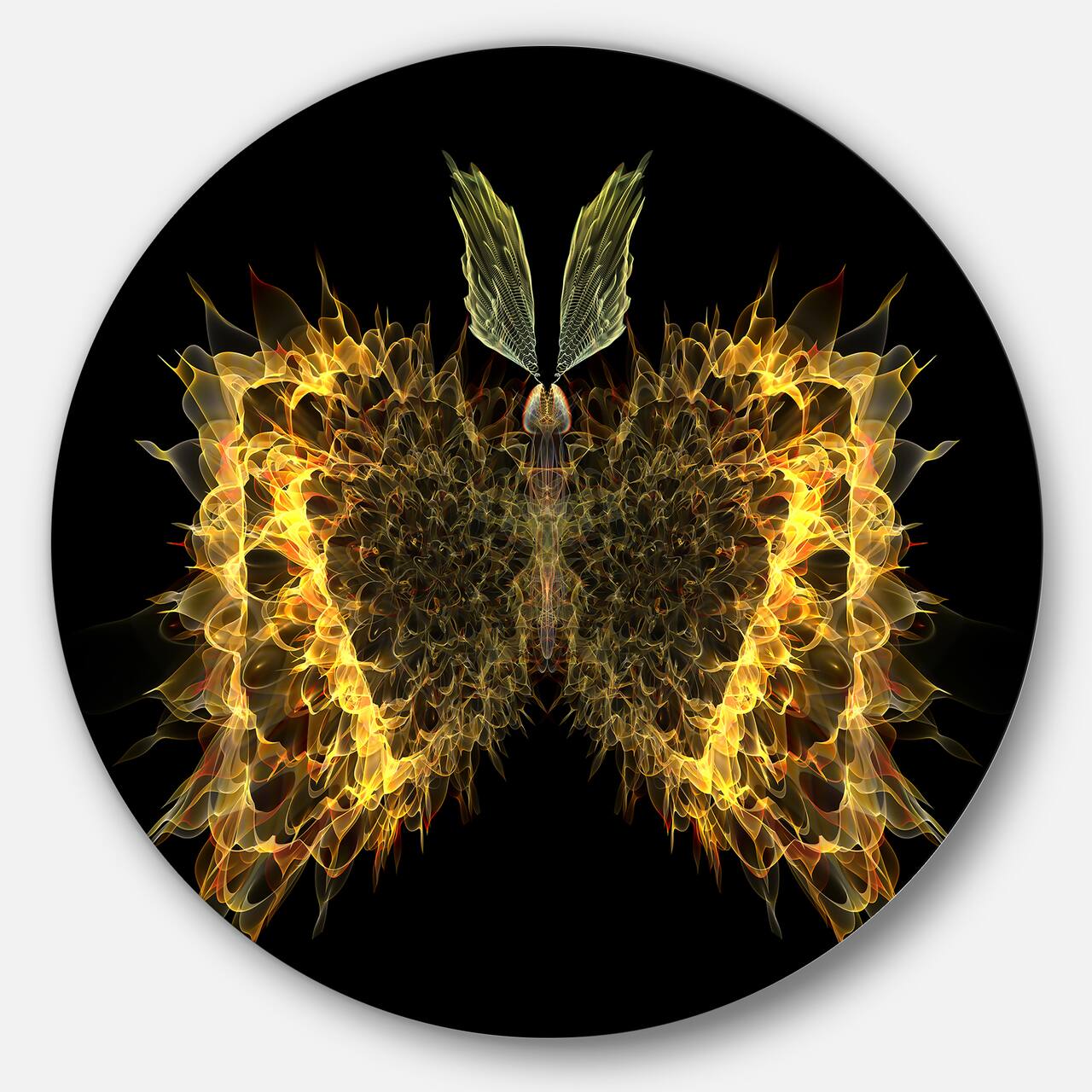 Designart - Golden Fractal Butterfly in Dark&#x27; Abstract Circle Metal Wall Art